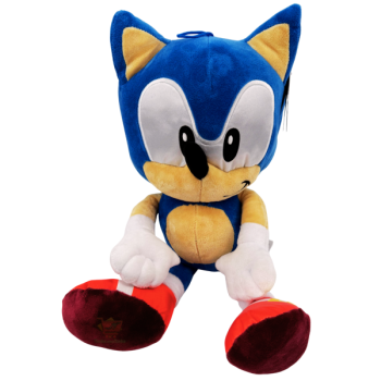 Blaues Sonic-Plüschtier mit weißen Handschuhen und roten Schuhen, sitzend ca. 30 cm, komplette Länge mit Beinen ca. 45 cm